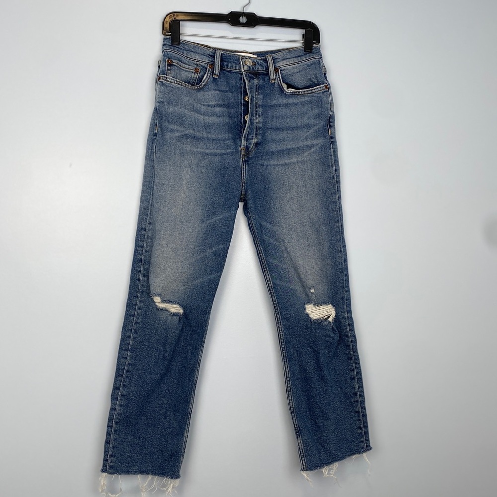 Re/Done Originals Women Stove Pipe High Rise Straight Leg Distressed Jeans Sz 29